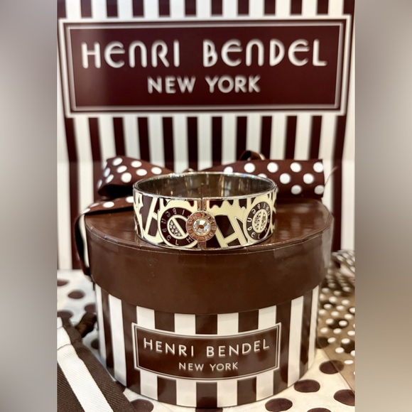 henri bendel Jewelry - HENRI BENDEL Cream and Brown Enamel Logo Bangle Cuff w/Gold Accents & Crystals